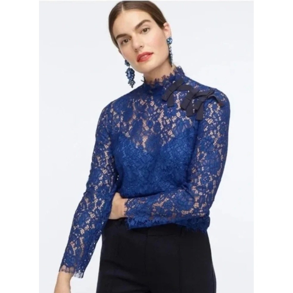 J.Crew Collection Feminine Blue Floral Lace Bow Shoulder Blouse Top Size 6 NWT